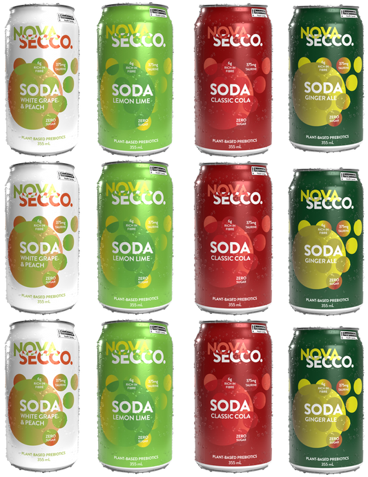 Novasecco Prebiotic Soda Mix (White Grape & Peach, Lemon Lime, Classic Cola and Ginger ale) - 12 pack