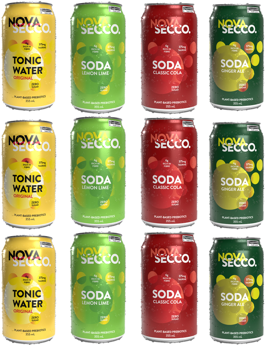 Novasecco Prebiotic Soda Mix (Tonic Water, Lemon Lime, Classic Cola and Ginger ale) - 12 pack